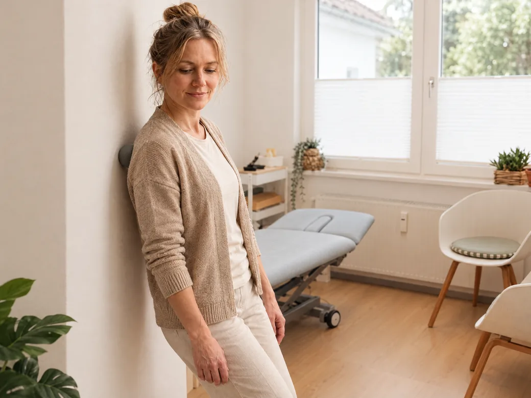 Faszienmassage mit dem Ball: Eine Frau lehnt im Behandlungsraum an der Wand, ein Faszienball liegt zwischen Schulterblatt und Wand