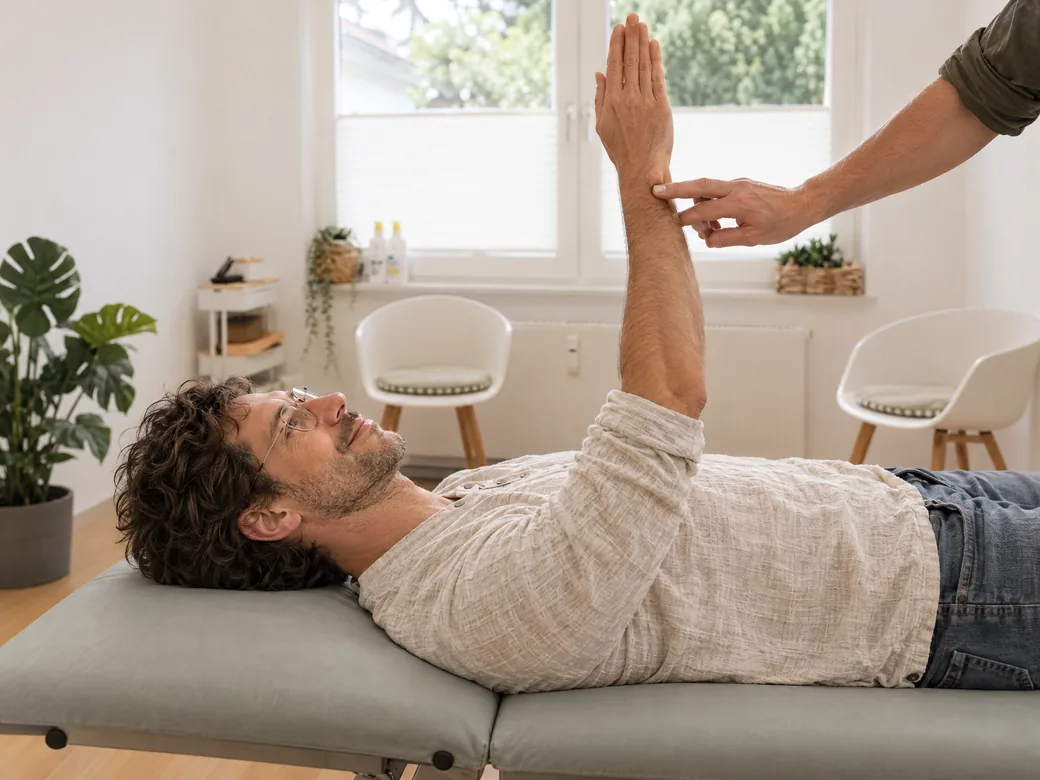 Muskeltest im Liegen: Ein Patient hält den Arm senkrecht nach oben, die Fingerspitzen des Behandlers liegen an seinem Handgelenk