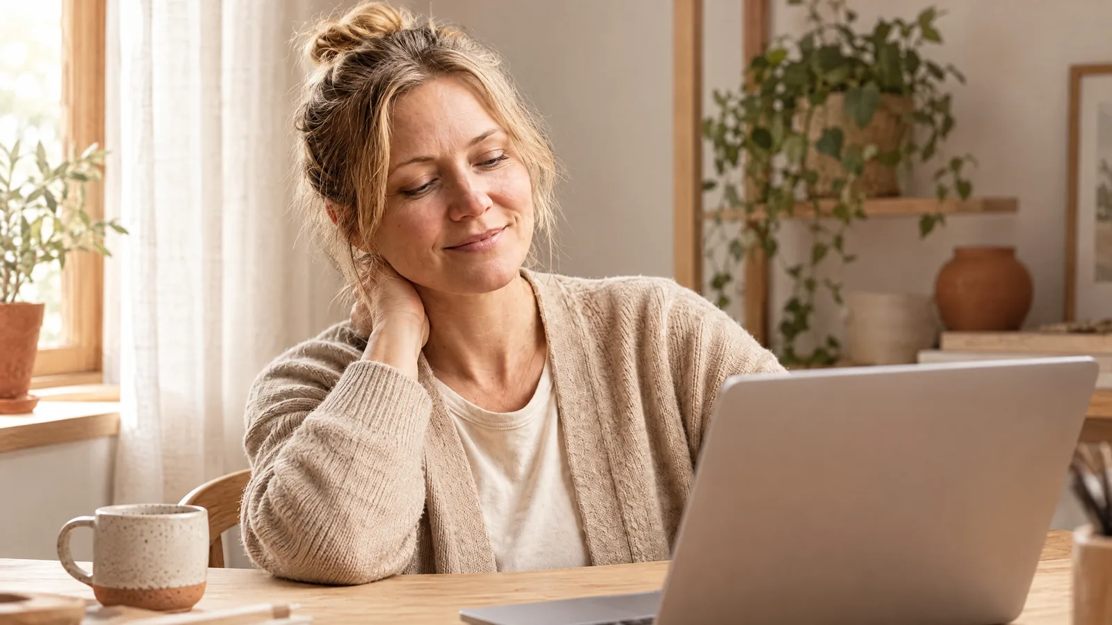 Eine Frau am Schreibtisch vor dem Laptop greift sich mit einer Hand in den Nacken